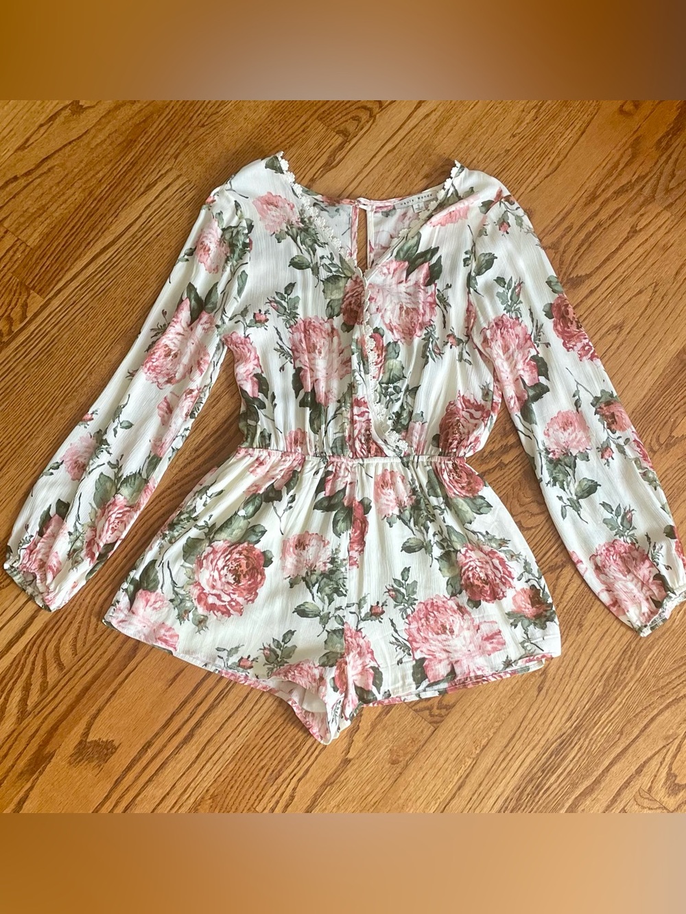 Haute Monde Cream Floral Wrap Peplum Romper with Pink Roses NWOT